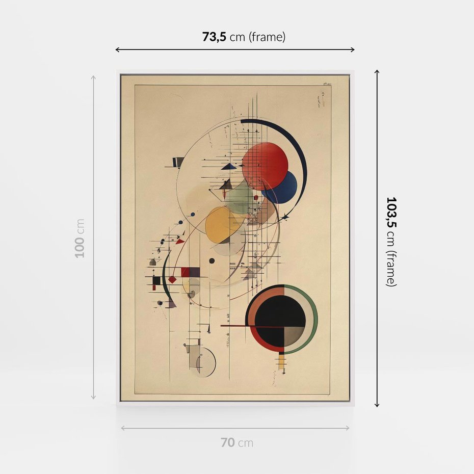 Obraz w ramie 70x100 - Impulsy Wydobyte z Cienia - abstrakcyjna geometryczna kompozycja, koła linie - rama biała