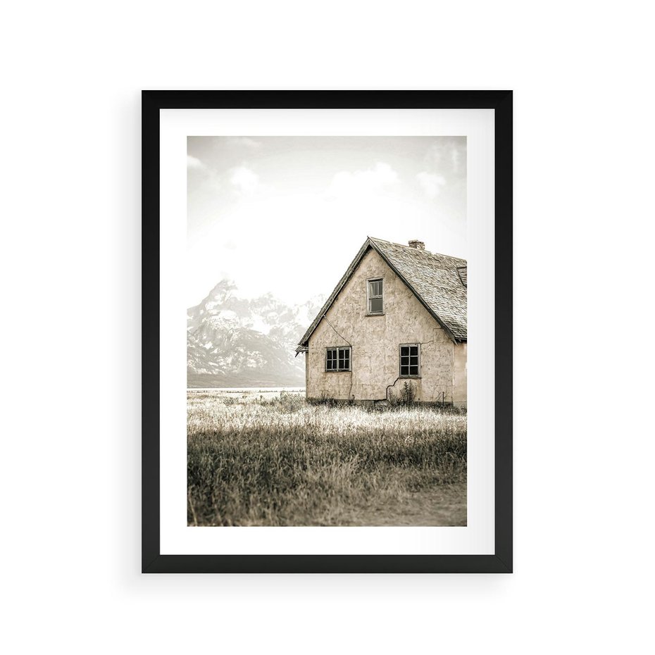Plakat w ramie 30x40 - Ciepła Atmosfera - dom, stary dom w górach - rama czarna