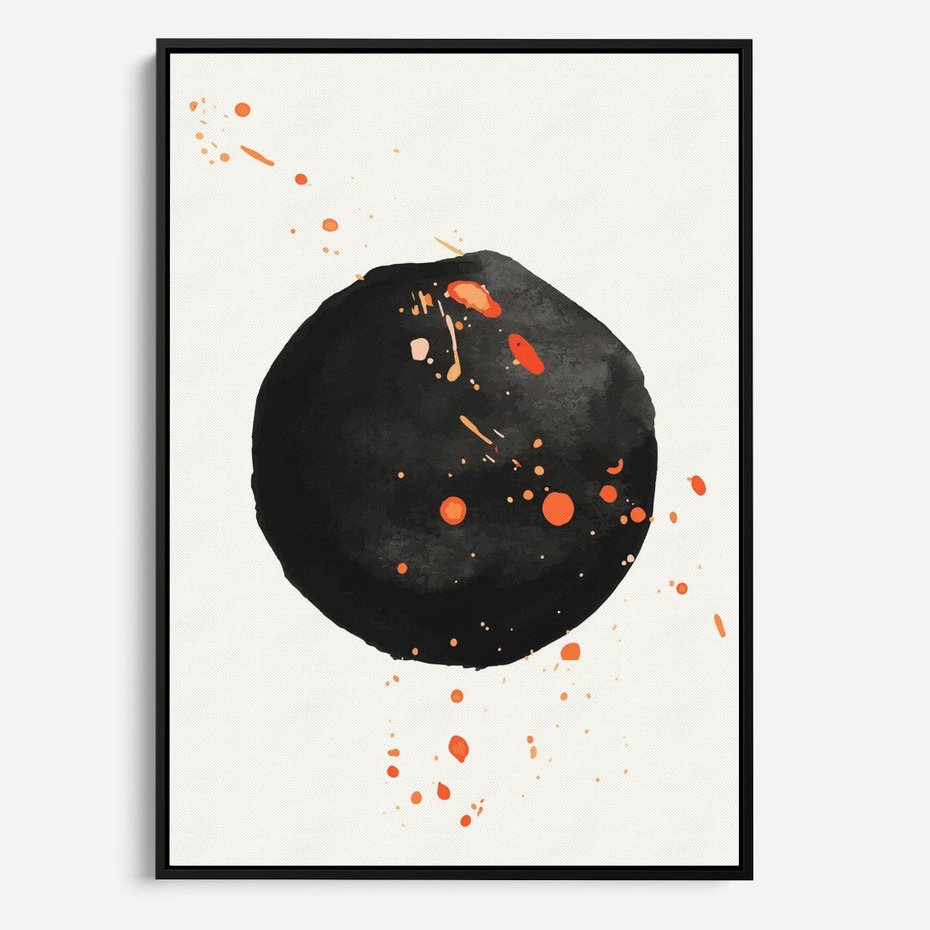 Obraz w ramie 70x100 - Wnętrza Marzeń - abstrakcyjna czarna plama, rozsiane pomarańczowe kropki - rama czarna