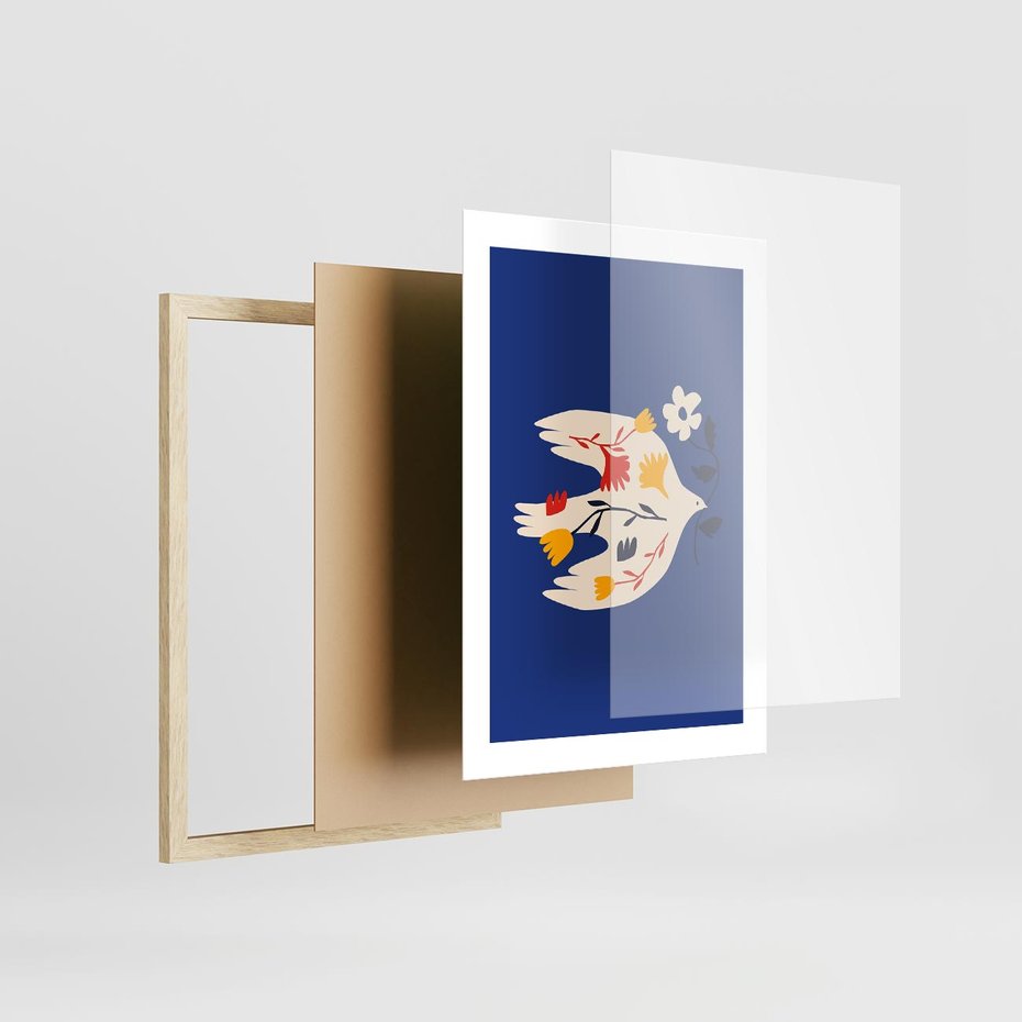 Plakat w ramie 30x40 - Bezczasowy Szept - niebieskie tło, abstrakcyjny biały ptak - rama drewno