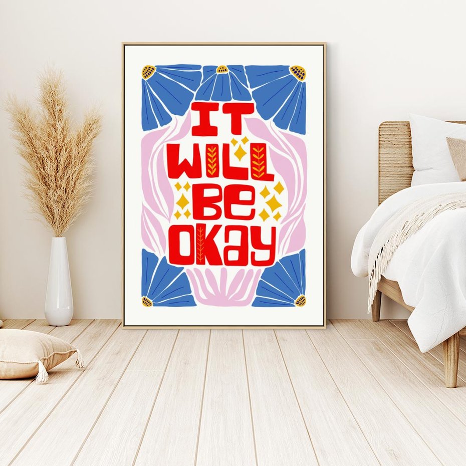 Obraz w ramie 50x70 - Kwiatowa Ekstaza - czerwona pozytywna typografia, kwiatowa kompozycja - rama drewno