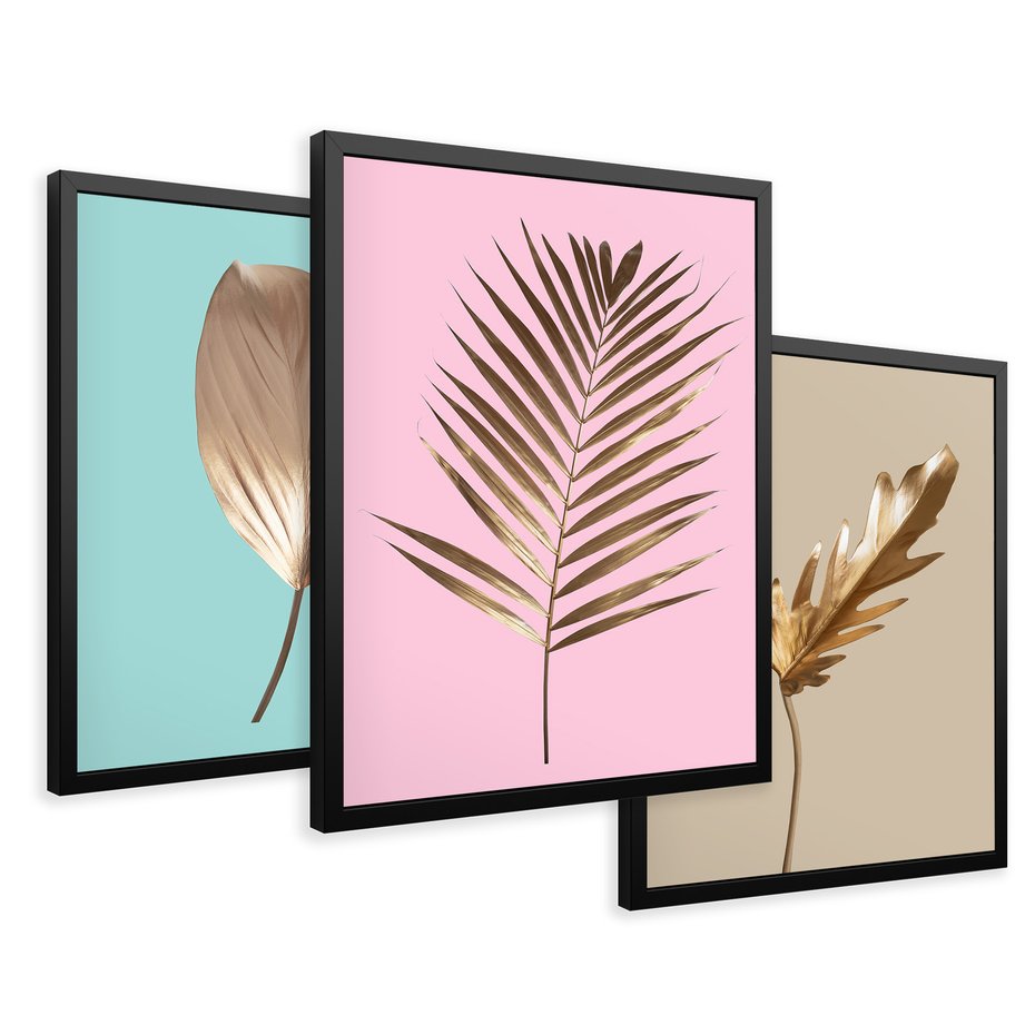 Zestaw obrazy w ramie 30x40 galeria - Złote, liście, palma, pastelowe, gold - rama czarna