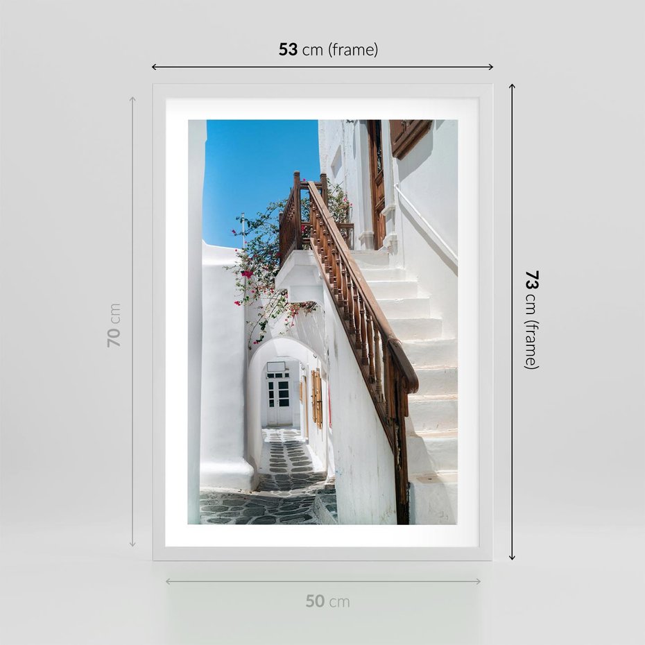 Plakat w ramie 50x70 - Schody Uliczką W dół - schody, uliczka - rama biała