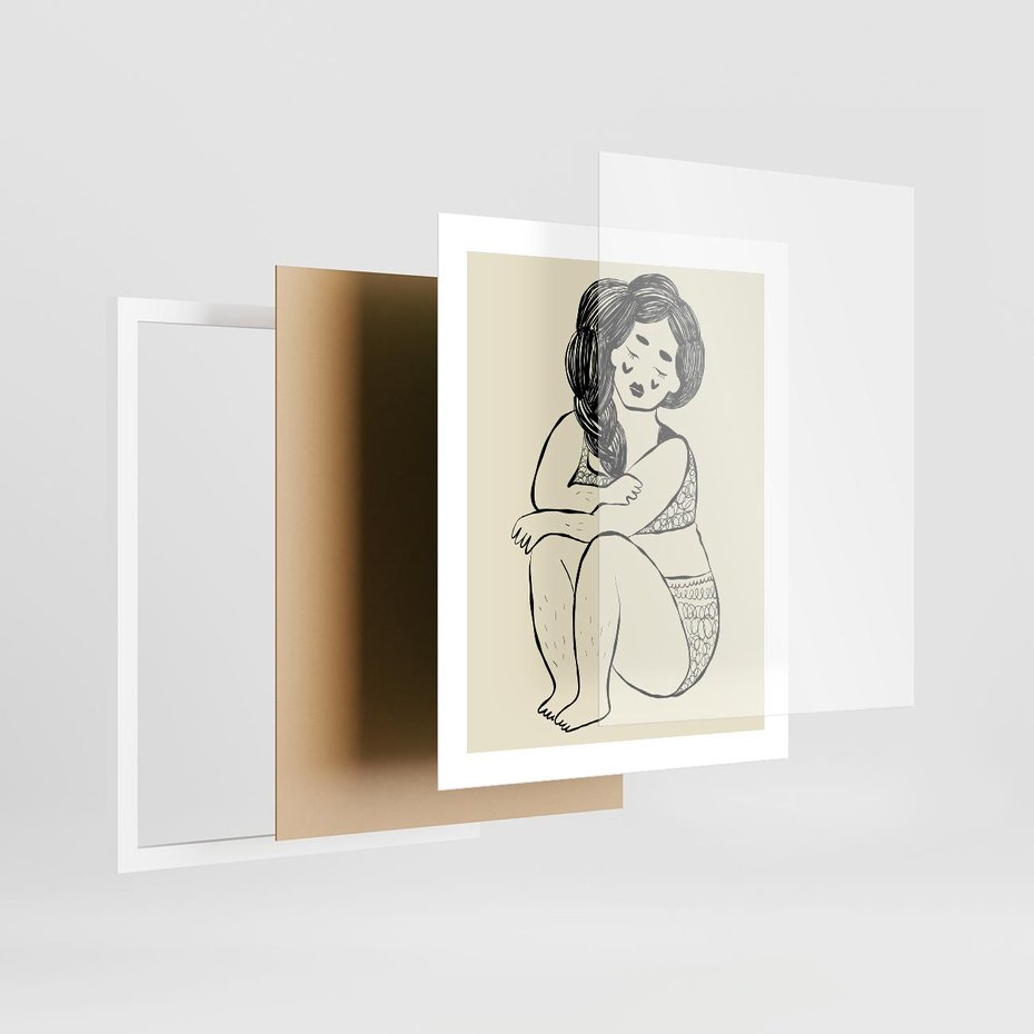 Plakat w ramie 40x50 - Migotliwe Refleksje - nowoczesny minimalistyczny rysunek, dziewczyna w bieliźnie - rama biała