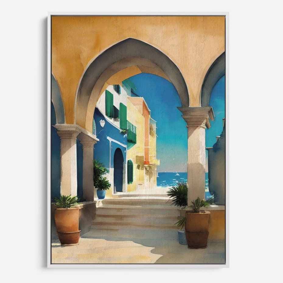 Obraz w ramie 50x70 - Nadmorskie Łuki - akwarela, śródziemnomorski klimat - rama biała