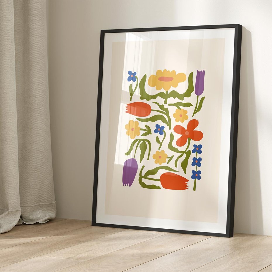 Plakat w ramie 50x70 - Minimalistyczna Harmonia - kwiaty, sztuka nowoczesna - rama czarna