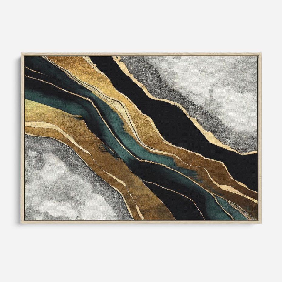 Obraz w ramie 100x70 - Refrakcje płynącej rzeczywistości - jak marmurowa rzeka, linie złota - rama drewno