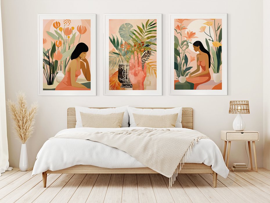 Zestaw obrazy w ramie 50x70 galeria - boho, liście, palmy, etniczne - rama biała