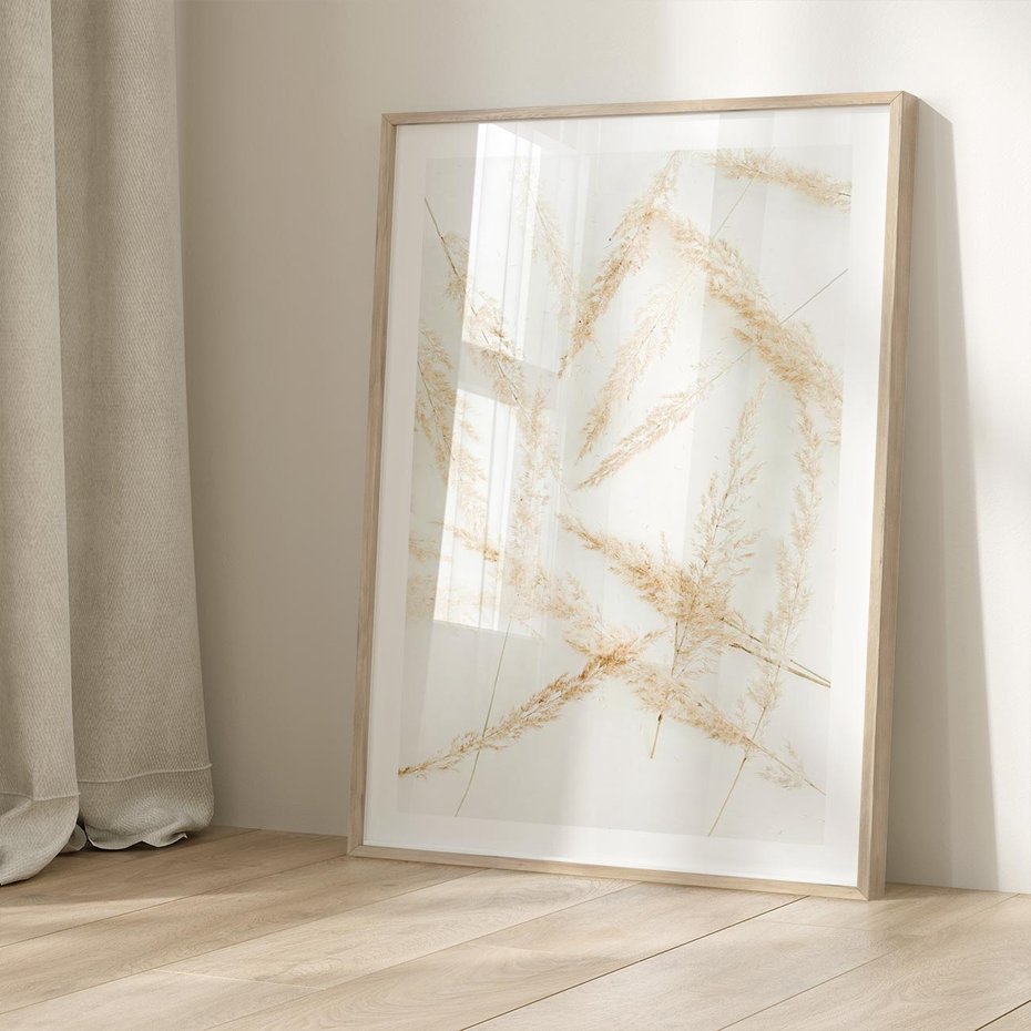 Plakat w ramie 50x70 - Pampas w Stylu Boho: Kompozycja Natury - suche trawy, pampas - rama drewno