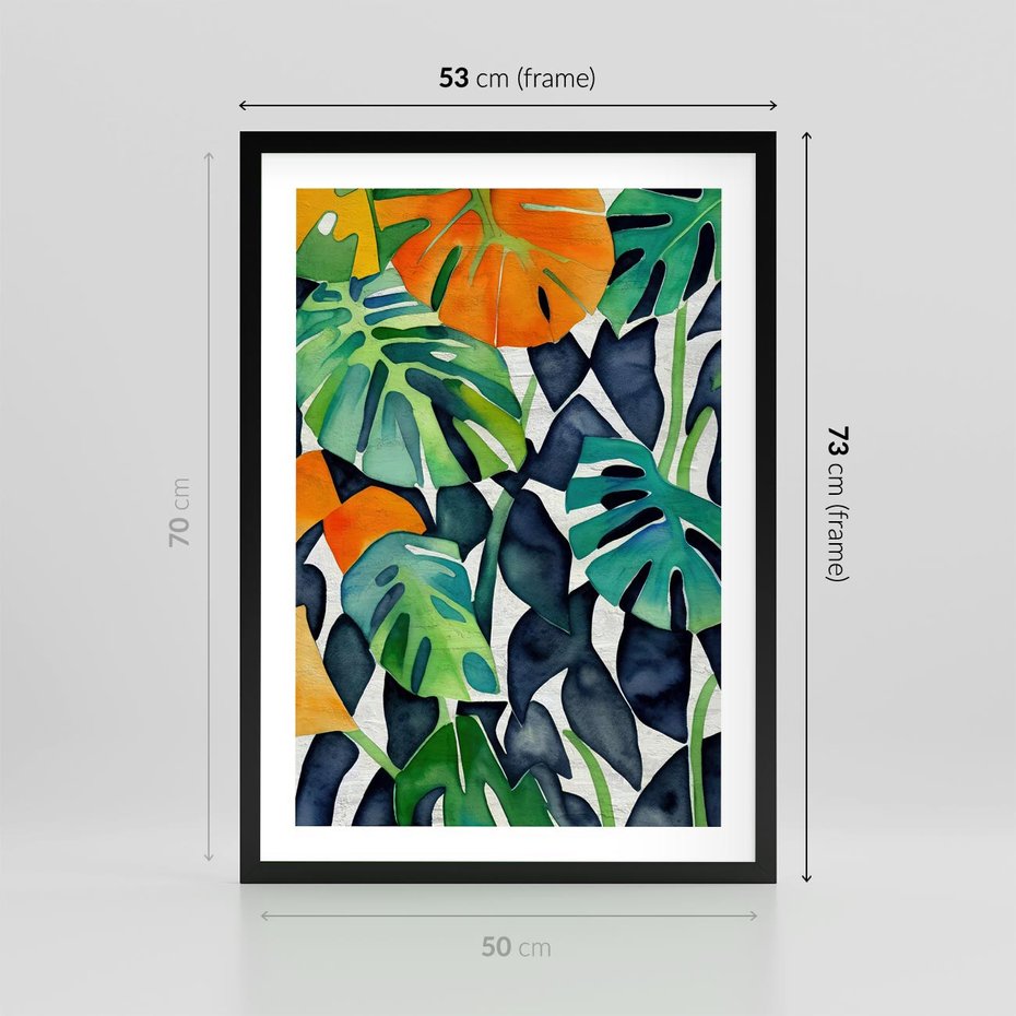 Plakat w ramie 50x70 - Tropikalne Pragnienia - akwarela, liście tropikalne - rama czarna