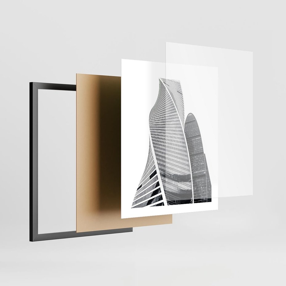 Plakat w ramie 40x50 - Wieżowce z Falistymi Kształtami - nowoczesne wieżowce, czarno biała fotografia - rama czarna