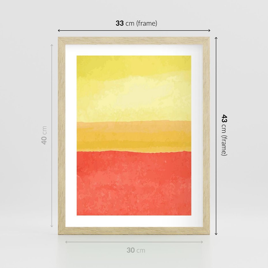 Plakat w ramie 30x40 - Rozmyte Odbicia - kolorowe akwarelowe pasy, odcienie żółci i czerwieni - rama drewno