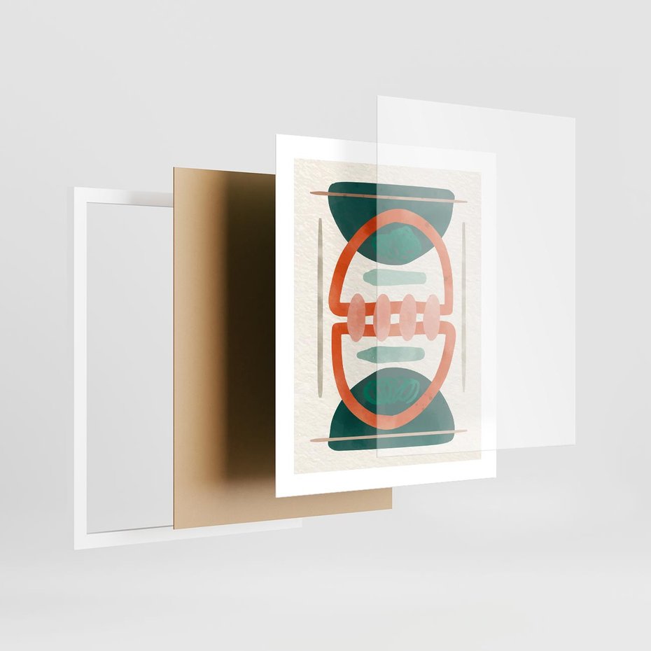 Plakat w ramie 40x50 - Oryginalny obraz abstrakcyjny w nowoczesnym stylu. Geometryczne akwarelowe kształty w intensywnych odcieniach zieleni i pomarańczu. Doskonała dekoracja dla miłośników sztuki. - abstrakcyjny obraz, sztuka nowoczesna - rama biała