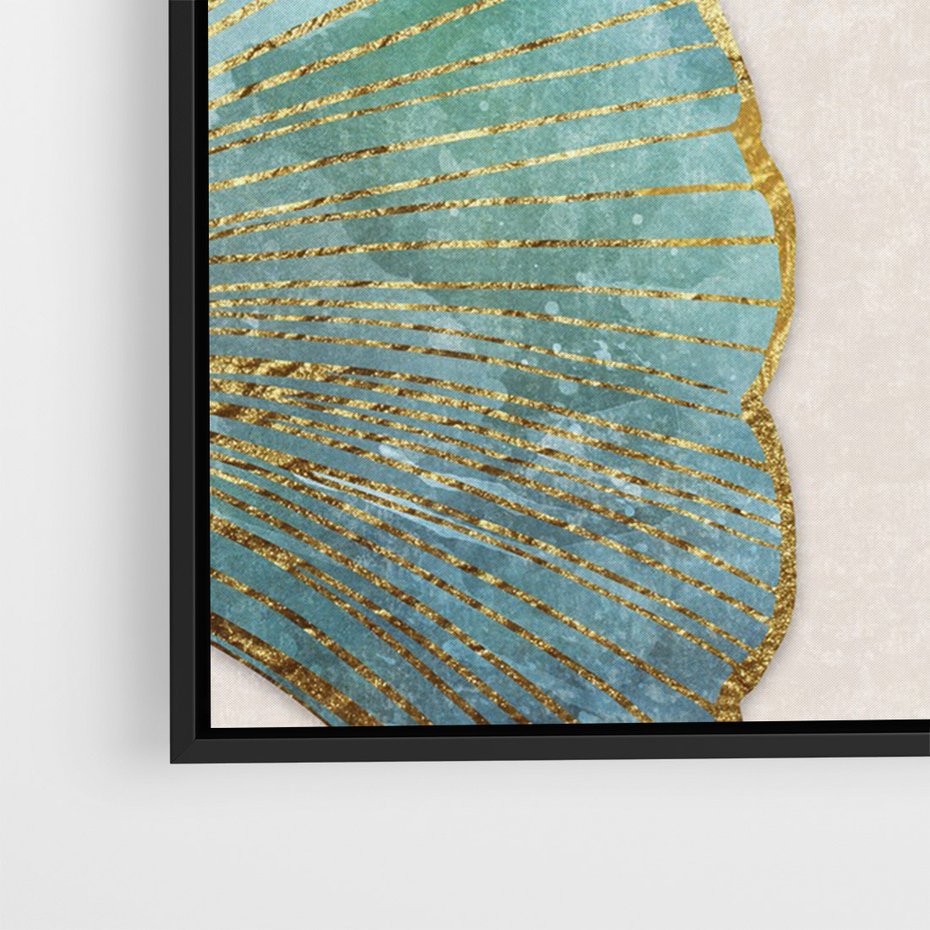 Obraz w ramie 70x100 - Złota Melodia Liści - złote, turkusowe liście miłorzębu - rama czarna