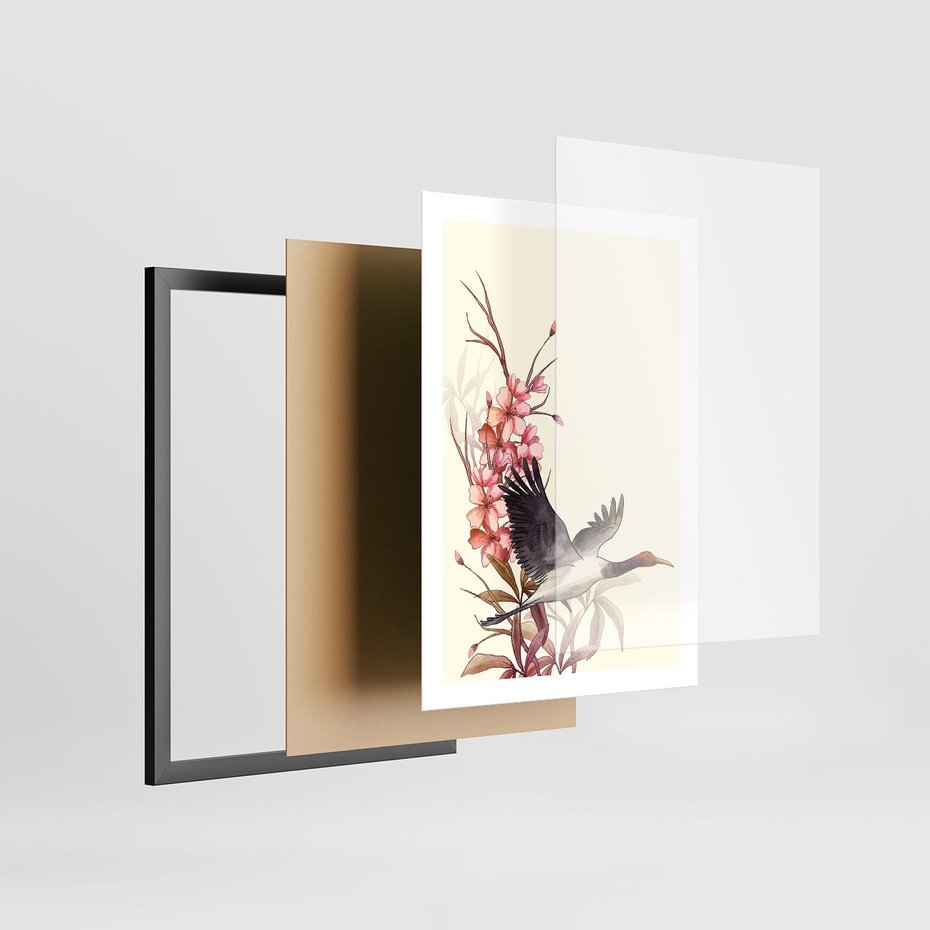Plakat w ramie 50x70 - Szept Japonii - japońska sztuka, ptak - rama czarna