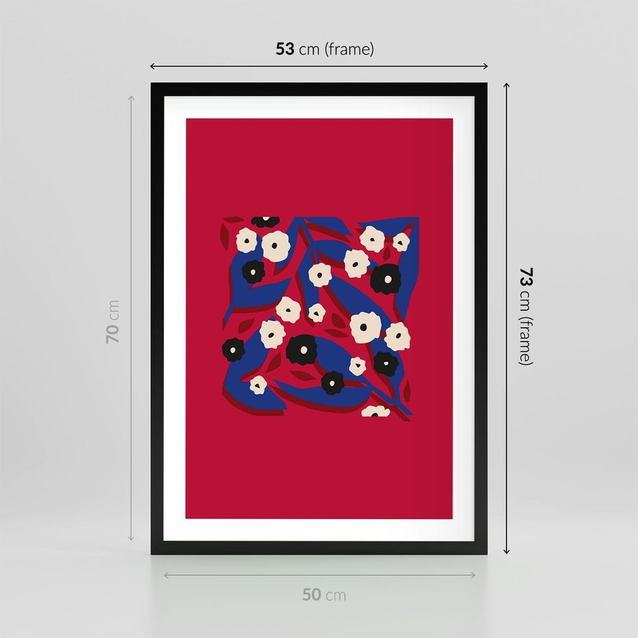 Plakat w ramie 50x70 - Kolorowe Przenikanie - abstrakcyjna kwiatowa kompozycja, czerwone mocne tło - rama czarna