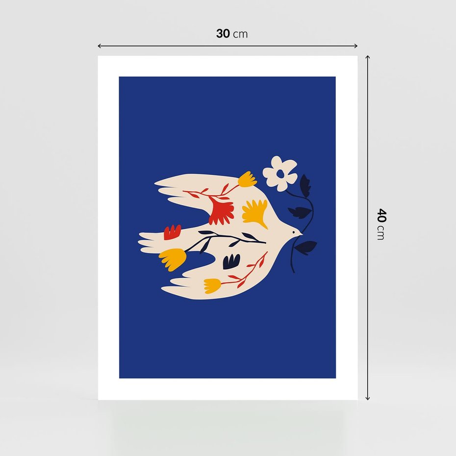 Plakat bez ramy 30x40 - Bezczasowy Szept - niebieskie tło, abstrakcyjny biały ptak