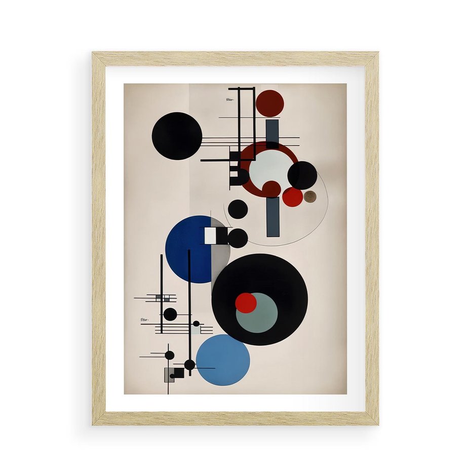 Plakat w ramie 50x70 - Rozkwitające Wibracje Wyobraźni - abstrakcyjna geometryczna kompozycja, koła linie - rama drewno