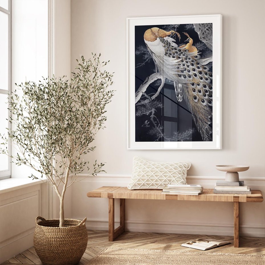 Plakat w ramie 30x40 - Japońskie Pawie - japońska grafika, pawie - rama biała