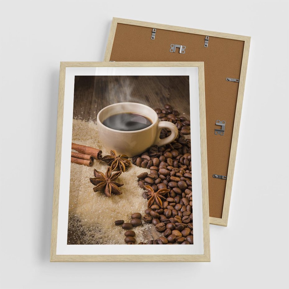 Plakat w ramie 50x70 - Kawowa filiżanka pełna aromatu - kawa, filiżanka - rama drewno