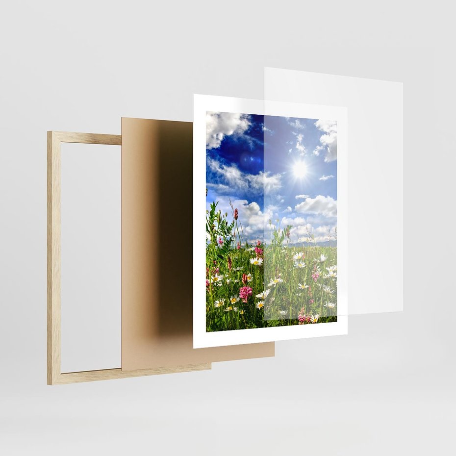 Plakat w ramie 40x50 - Niebiańska łąka pełna kwiatów - łąka, niebo - rama drewno