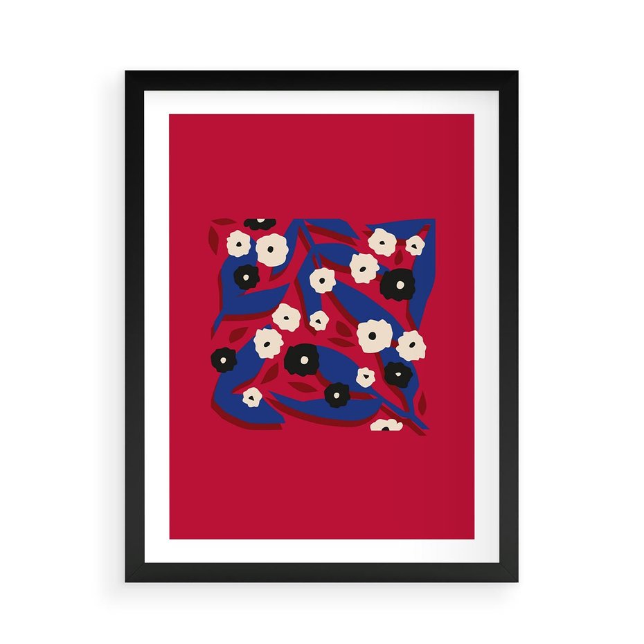 Plakat w ramie 50x70 - Kolorowe Przenikanie - abstrakcyjna kwiatowa kompozycja, czerwone mocne tło - rama czarna