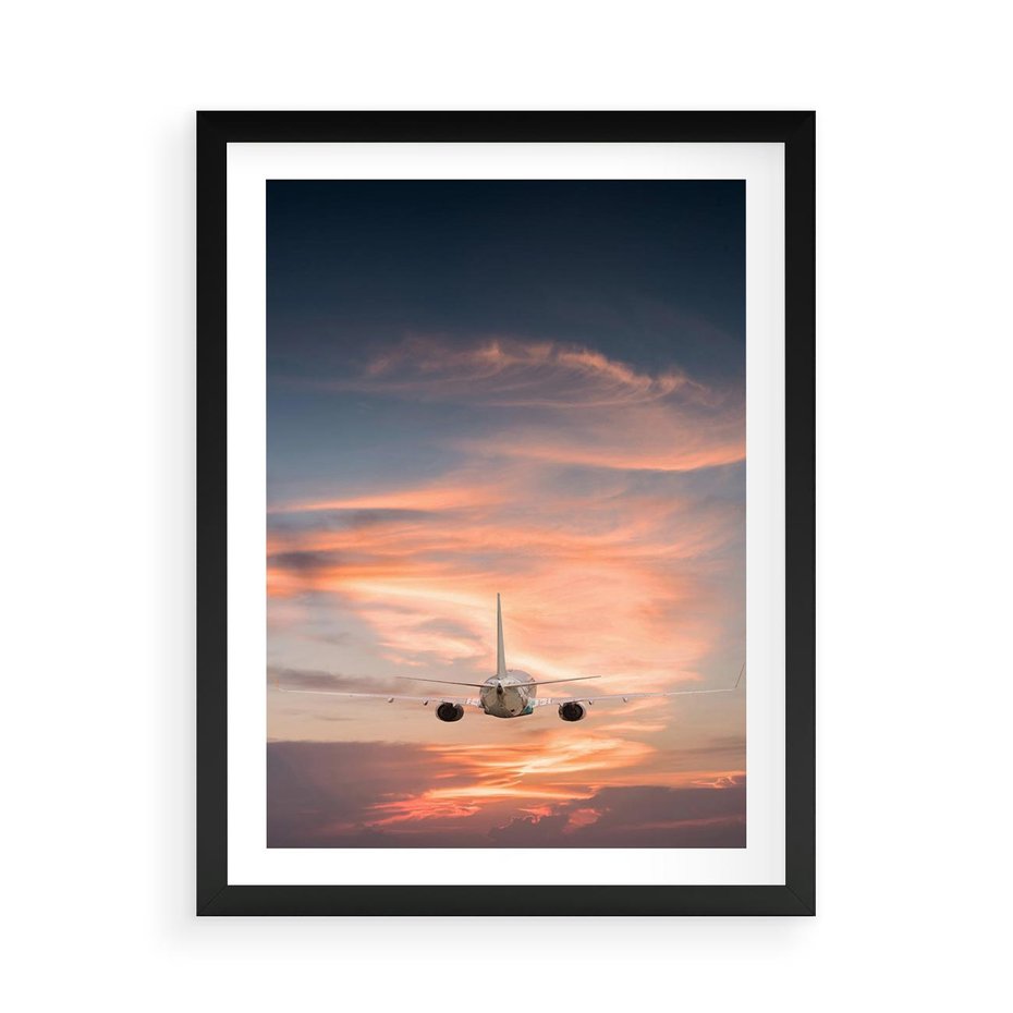 Plakat w ramie 50x70 - Podróż w Kierunku Słońca - samolot, samolot w powietrzu - rama czarna