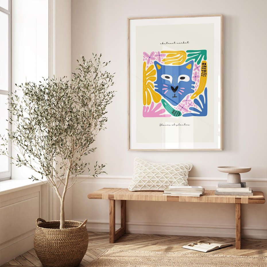 Plakat w ramie 50x70 - Kolorowe Spektrum - abstrakcyjny plakat, niebieski kot - rama drewno