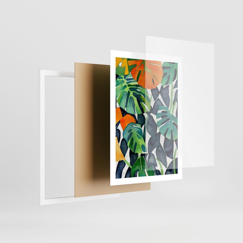 Plakat w ramie 50x70 - Tropikalne Pragnienia - akwarela, liście tropikalne - rama biała