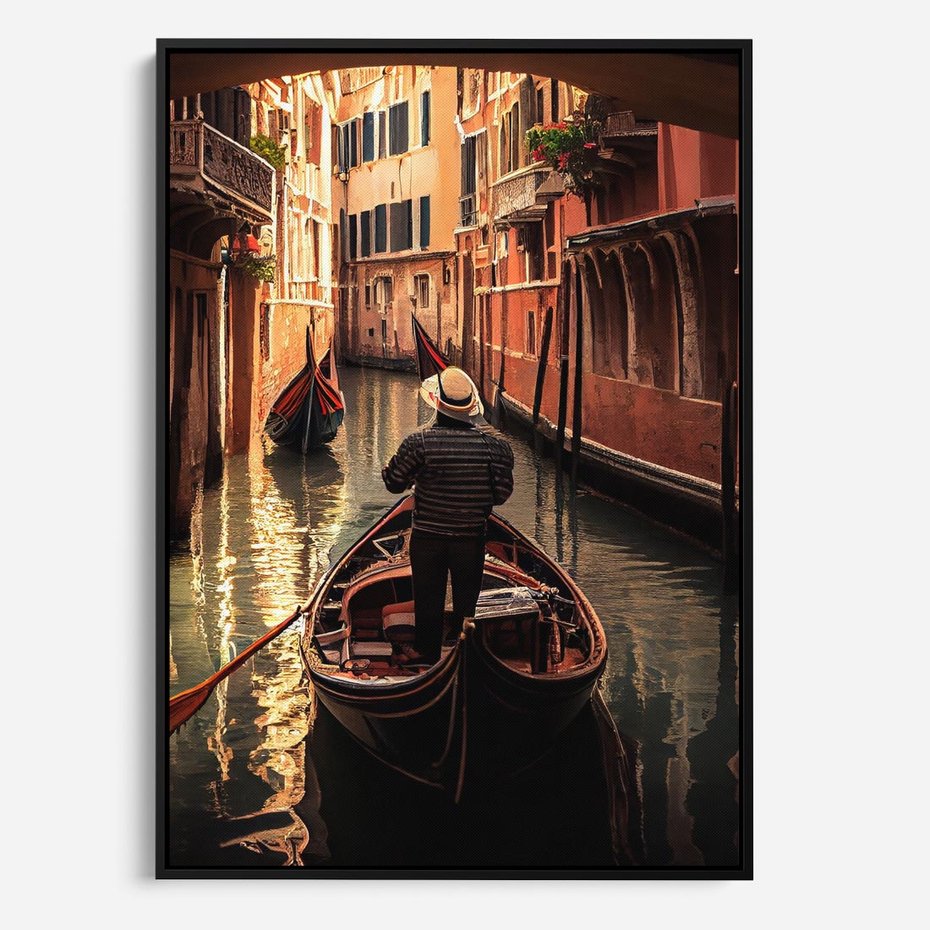 Obraz w ramie 70x100 - Spokojna Wenecja - gondolier w gondoli, kanały Wenecji - rama czarna