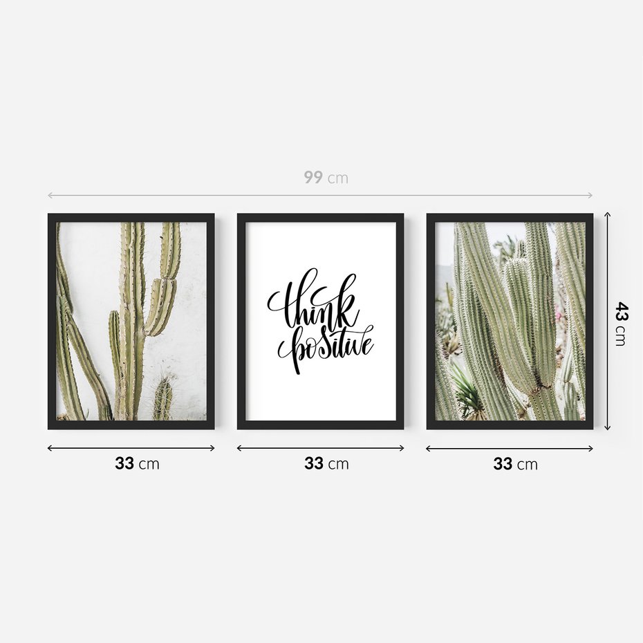 Zestaw obrazy w ramie 30x40 galeria - Think, positive, kaktusy, boho - rama czarna