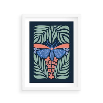 Plakat w ramie 50x70 - Granatowa Noc - granatowe tło, abstrajcyjna ćma - rama biała