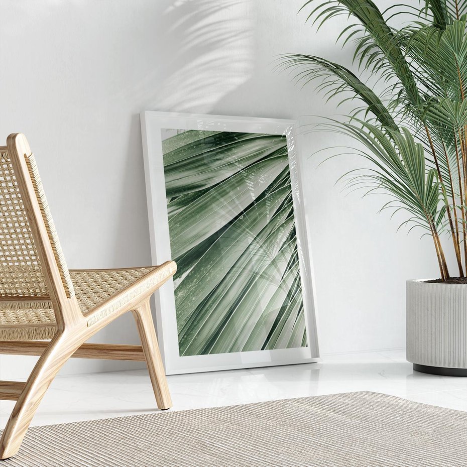 Plakat w ramie 30x40 - Tropikalna Oaza - zielony liść palmy, zieleń - rama biała