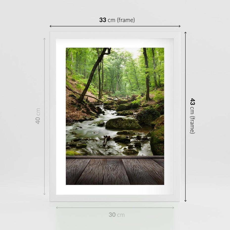 Plakat w ramie 30x40 - Strumyk w lesie - strumyk, w lesie - rama biała