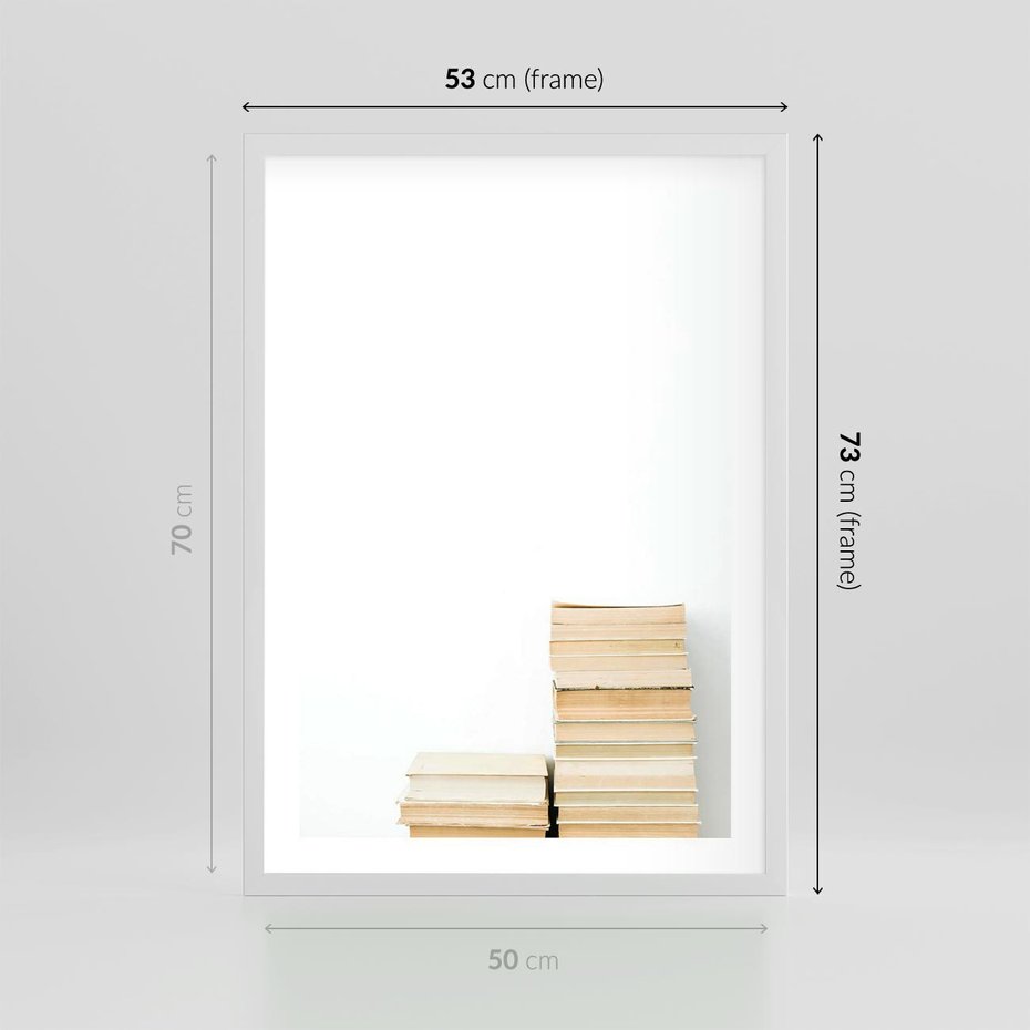 Plakat w ramie 50x70 - Estetyka Literatury - stos książek, minimalistyczna kompozycja - rama biała