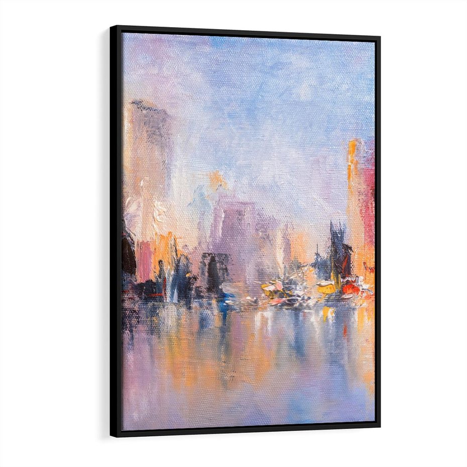 Obraz w ramie 70x100 - Miasto Refleksji - olejna panorama miasta w oddali, wiezowce odbijają się w rzece - rama czarna