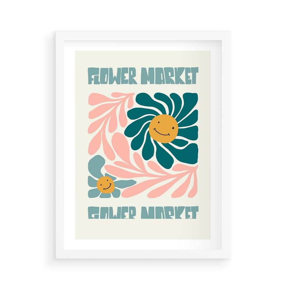 Plakat w ramie 50x70 - Harmonia płatków kwiatów - kwiatowa retro kompozycja, pastelowe kolory - rama biała