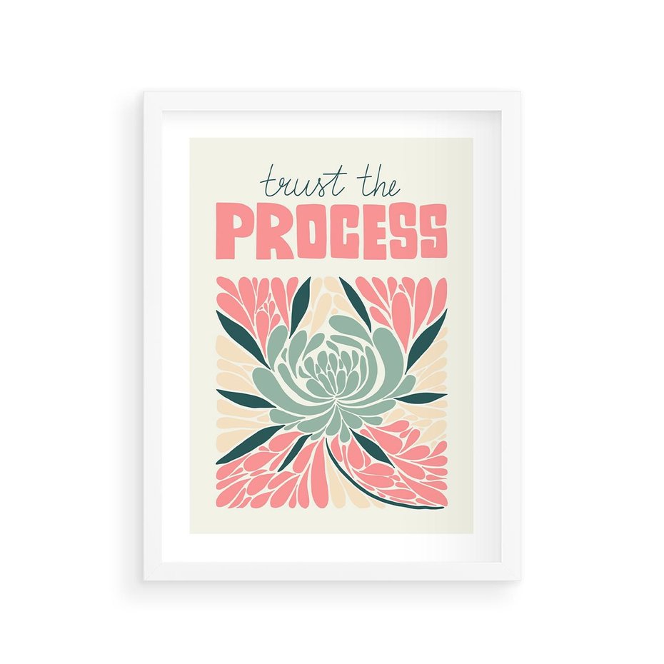 Plakat w ramie 30x40 - Rozbijające Barwy - abstrakcyjny pastelowy kwiat, wyrazista typografia - rama biała