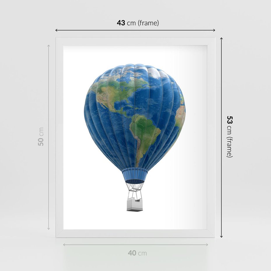Plakat w ramie 40x50 - Podróżniczy balon nad ziemią - balon, ziemia - rama biała