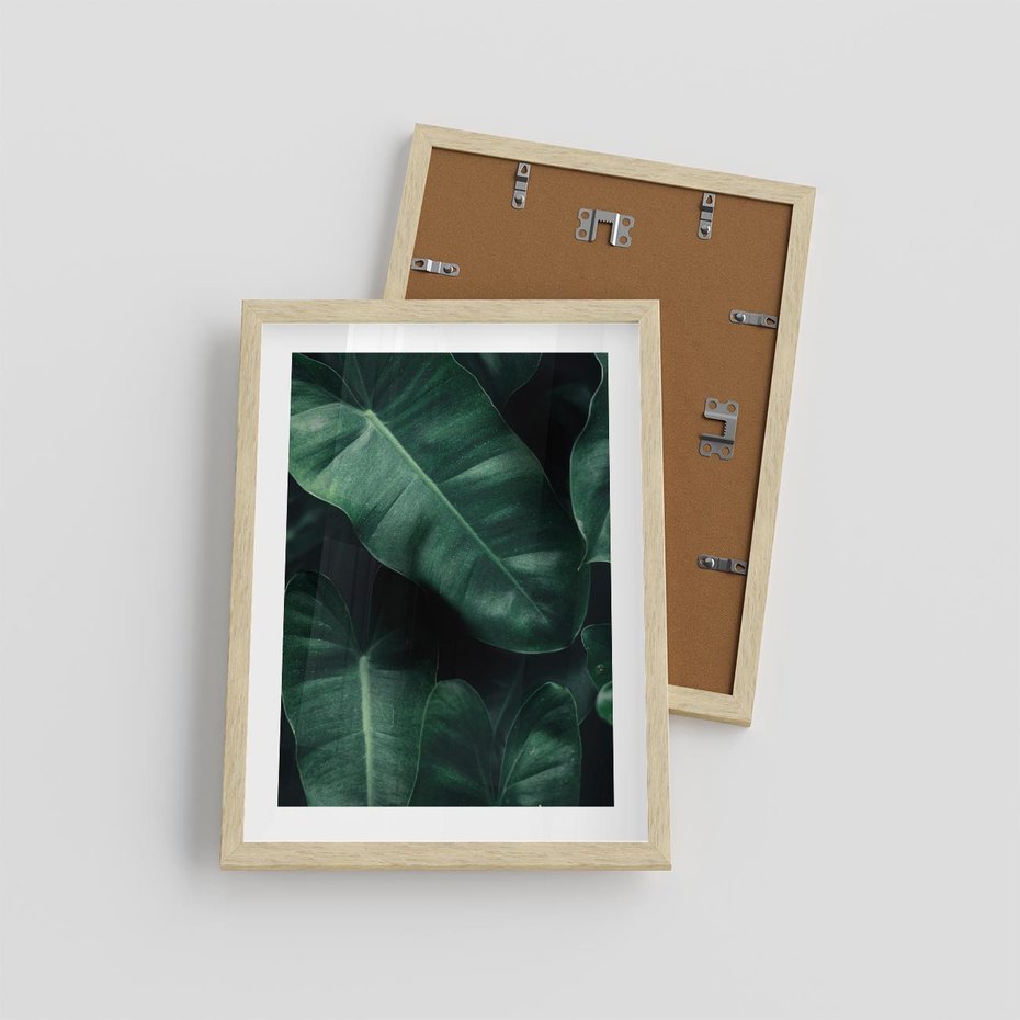 Plakat w ramie 30x40 - Liście Bananowca - minimalizm, zielone liście bananowca - rama drewno