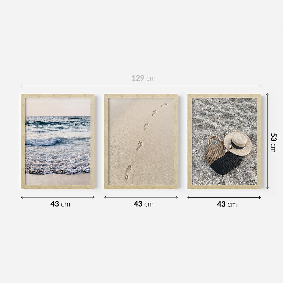 Zestaw obrazy w ramie 40x50 galeria - Plaża, piasek, ślady, kapelusz - rama drewno