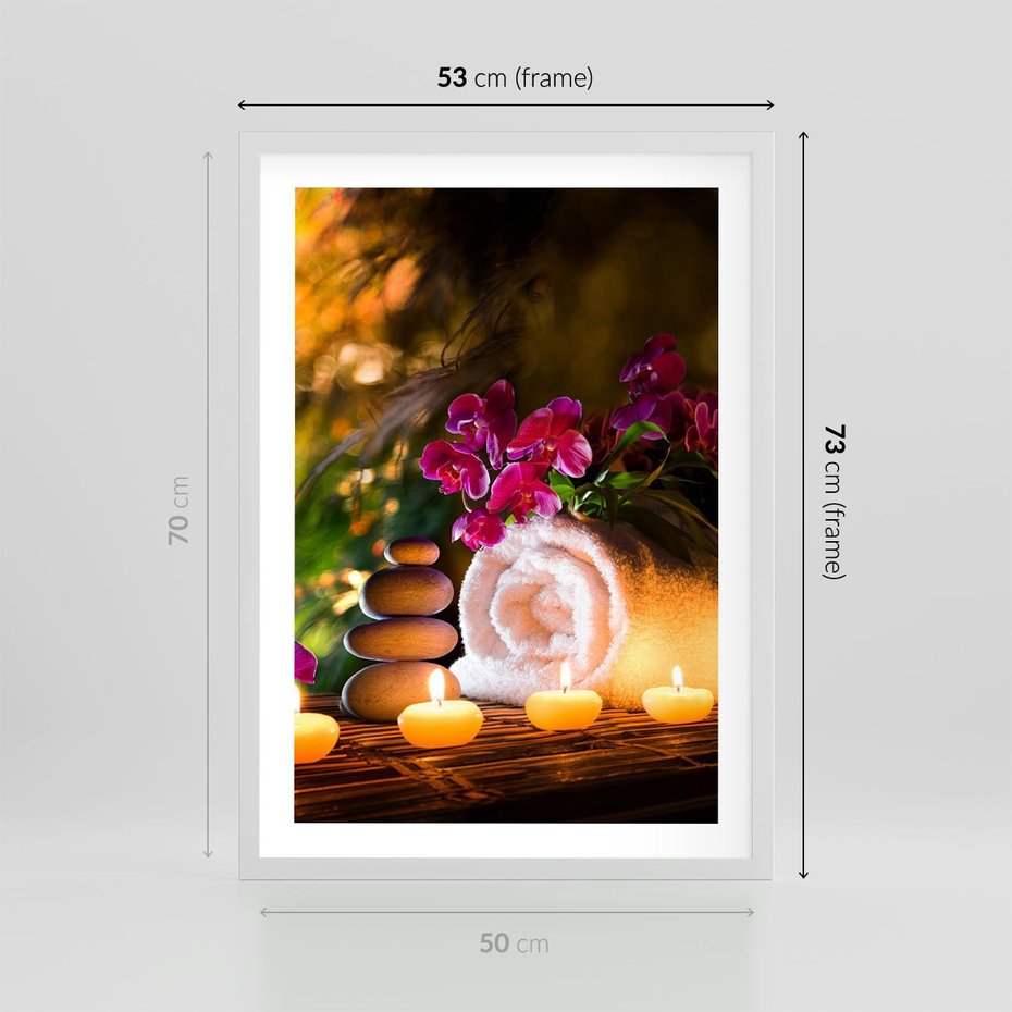 Plakat w ramie 50x70 - Relaksujące spa z płonącymi świecami - spa, świece - rama biała