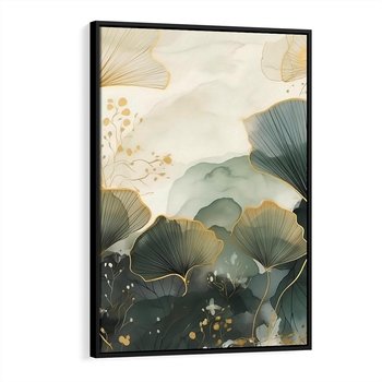 Obraz w ramie 50x70 - Natura w Złotym Odcieniu - złote elementy, liście miłorzębu japońskiego - rama czarna