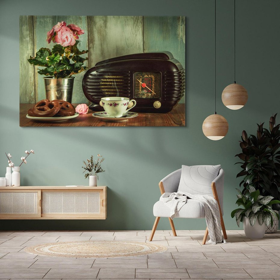 Obraz na płótnie 120x80 - Retro Radio z Kwiatami - Harmonia Nostalgii - retro, radio