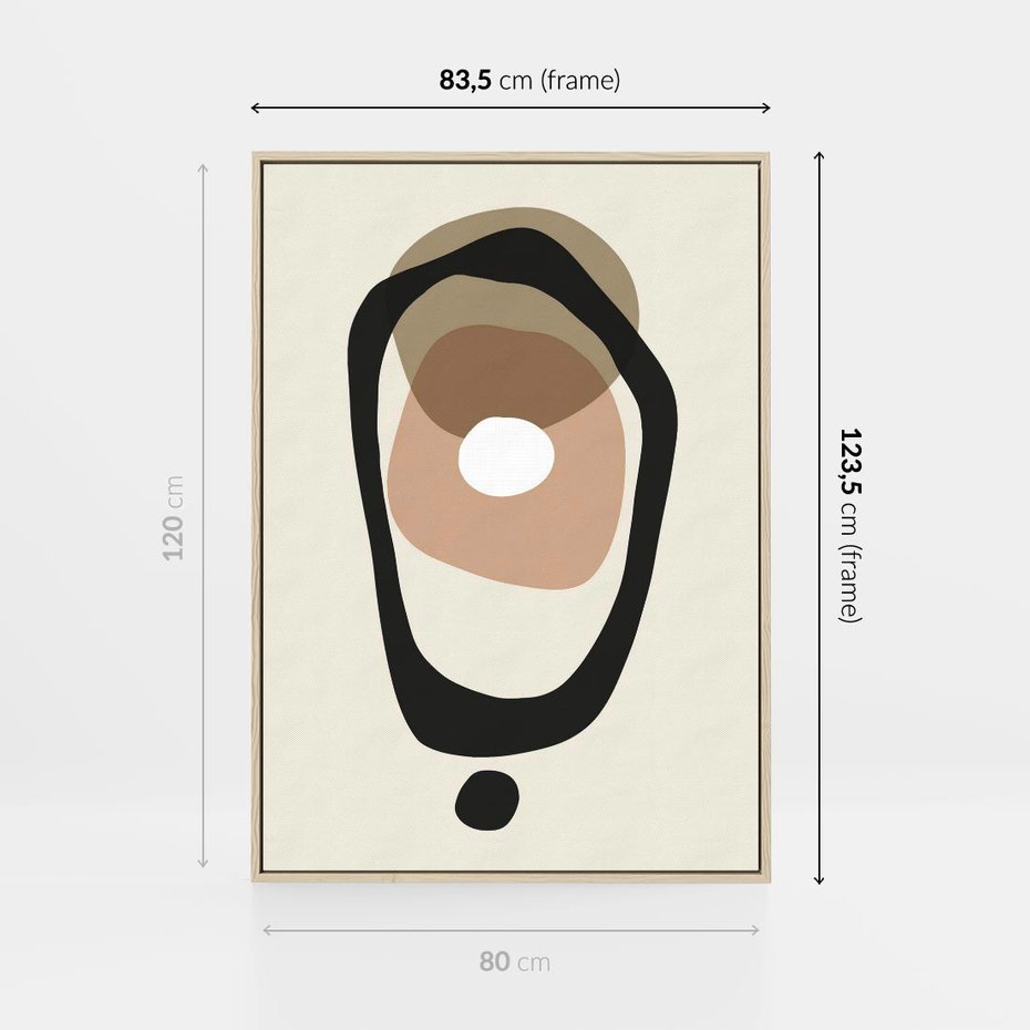 Obraz w ramie 80x120 - Intrygujące Zaskoczenia - beżowa abstrakcyjna kompozycja, czarny akcent - rama drewno
