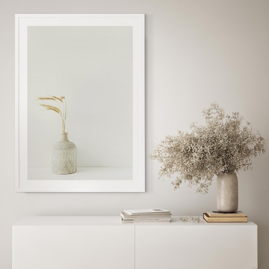 Plakat w ramie 30x40 - Sztuka Prostoty - minimalistyczny wazon, źdźbła traw - rama biała