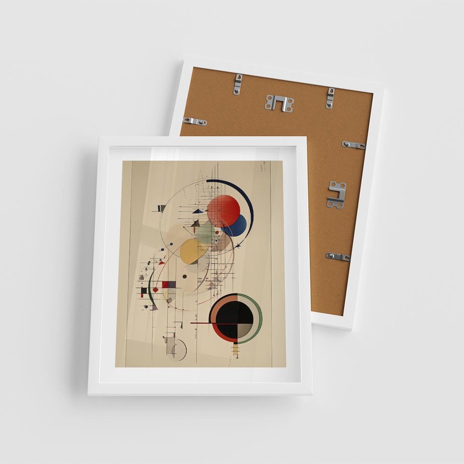 Plakat w ramie 40x50 - Impulsy Wydobyte z Cienia - abstrakcyjna geometryczna kompozycja, koła linie - rama biała