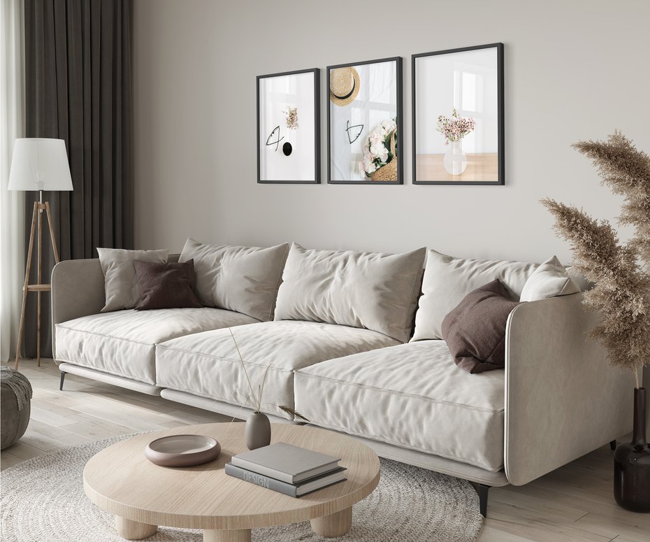 Zestaw obrazy w ramie 50x70 galeria - Kawa, kwiaty, boho, kapelusz - rama czarna