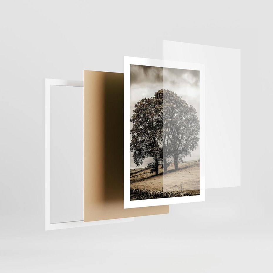 Plakat w ramie 50x70 - Spokojna Osamotniona Chwila - beżowe kolory, samotne drzewo na polu - rama biała
