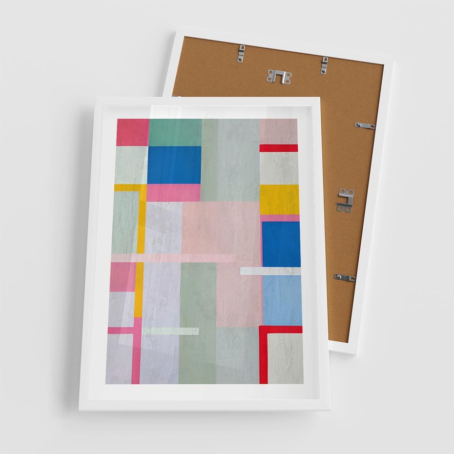 Plakat w ramie 50x70 - Rozbijające Granice Wyobraźni - abstrakcyjne geometryczne kształty, olejny obraz - rama biała